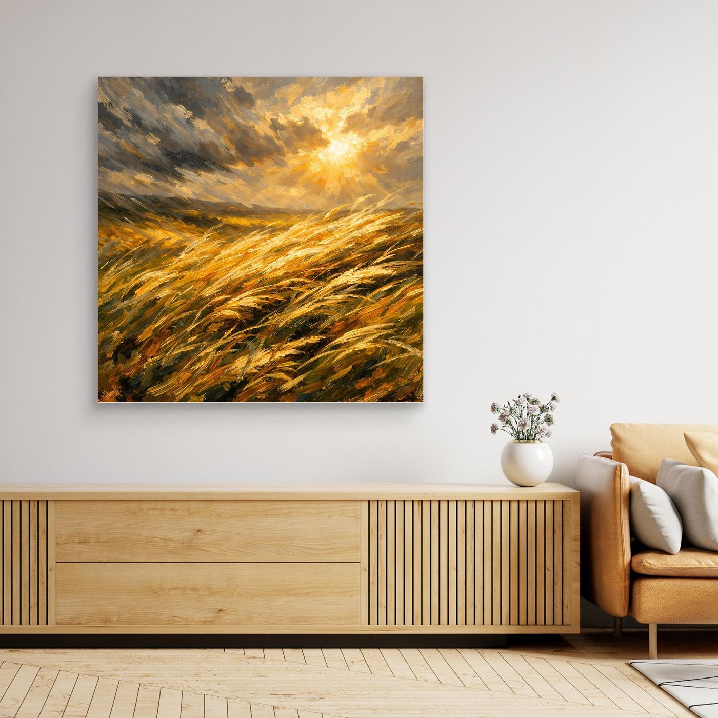 Ungerahmtes Leinwandbild mit goldenem Getreidefeld und Sonne, quadratisch