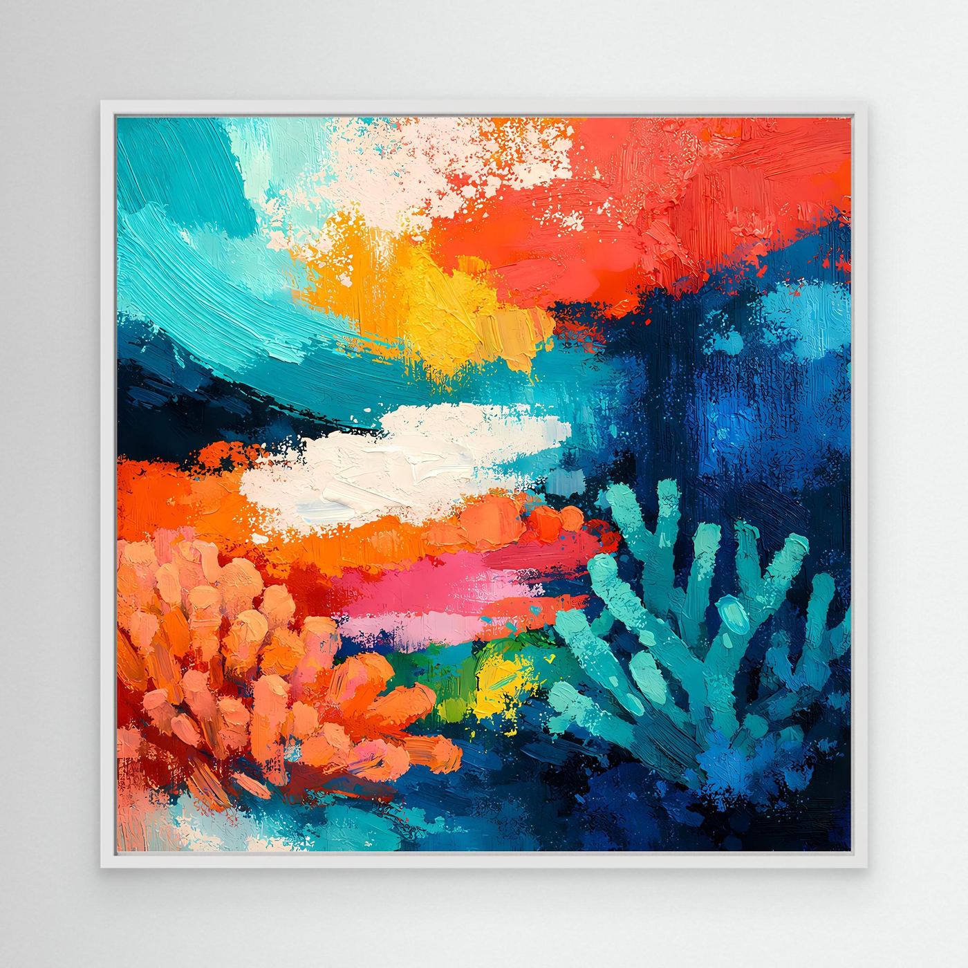 Abstraktes Leinwand-Wandbild mit Unterwasser-Korallenriff, weißer Rahmen.