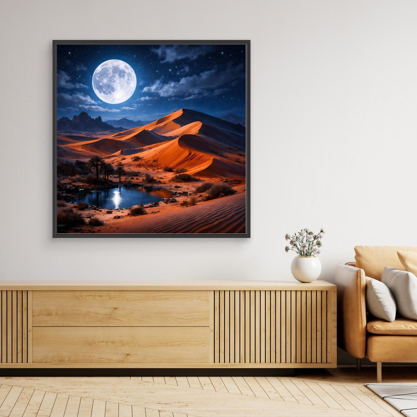 Gerahmtes Leinwandbild mit Wüstenlandschaft im Mondschein, dunkler Rahmen, Dünenlicht