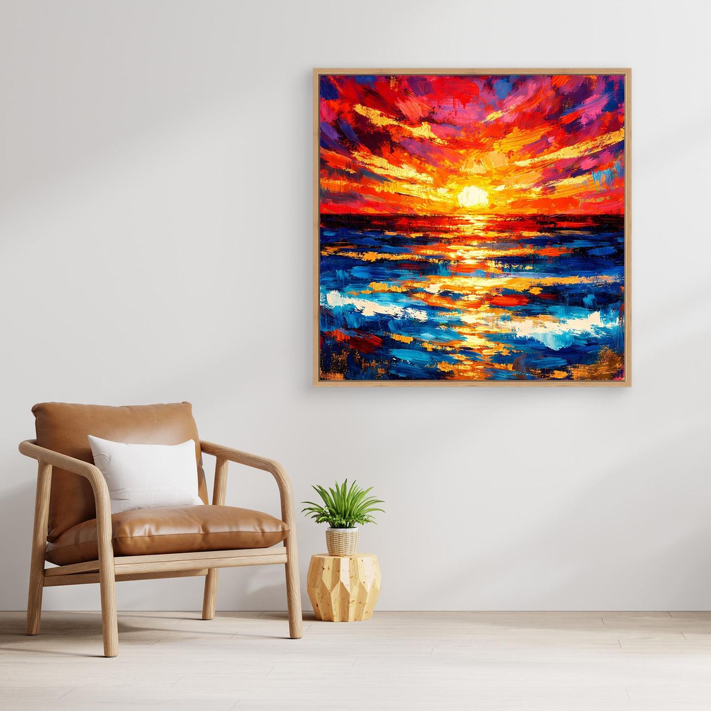 Leinwandbild abstrakte Küste bei Sonnenuntergang, leuchtende Farben, heller Holzrahmen