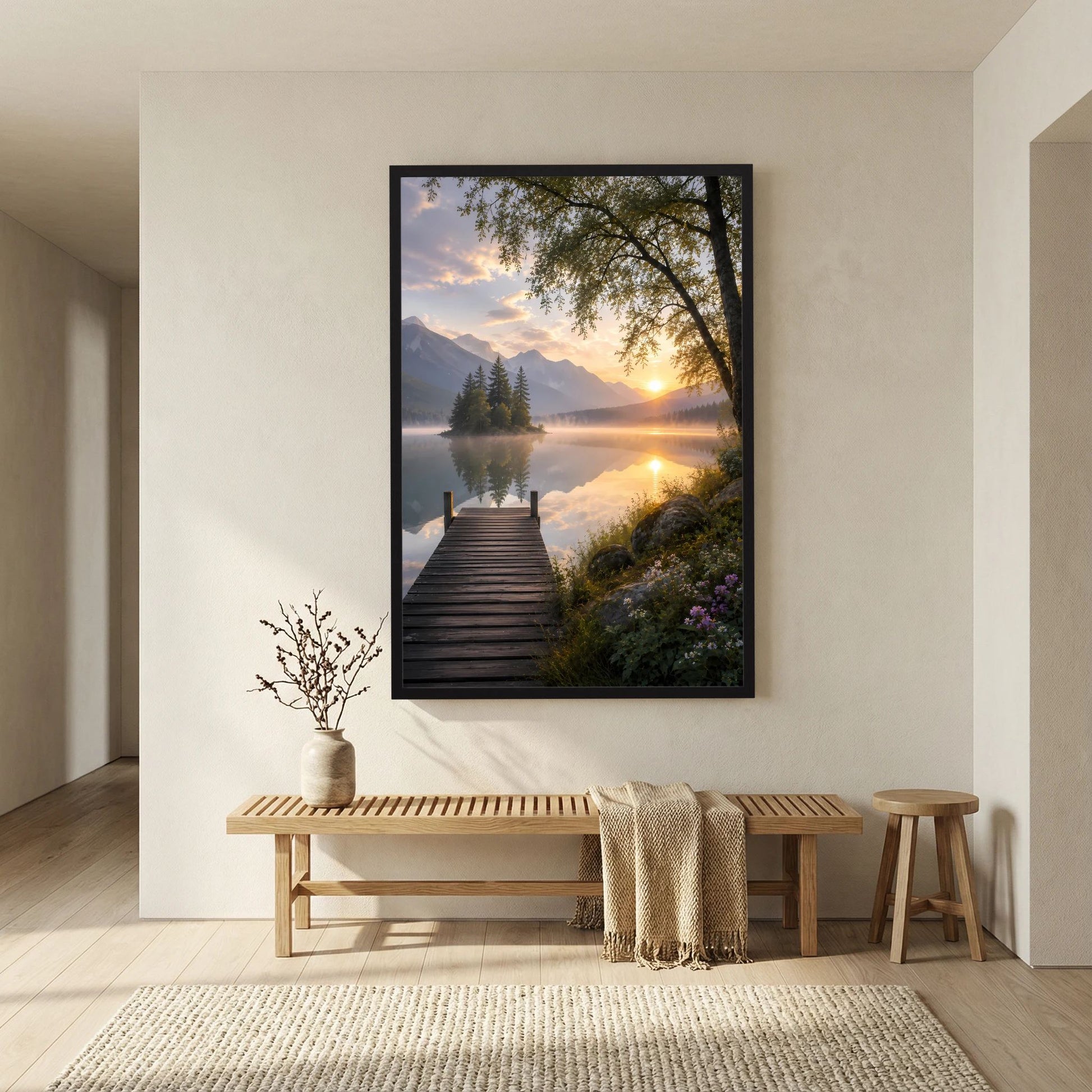 Bergsee mit Holzsteg | Sonnenuntergang in ruhiger Berglandschaft | Poster Hochformat