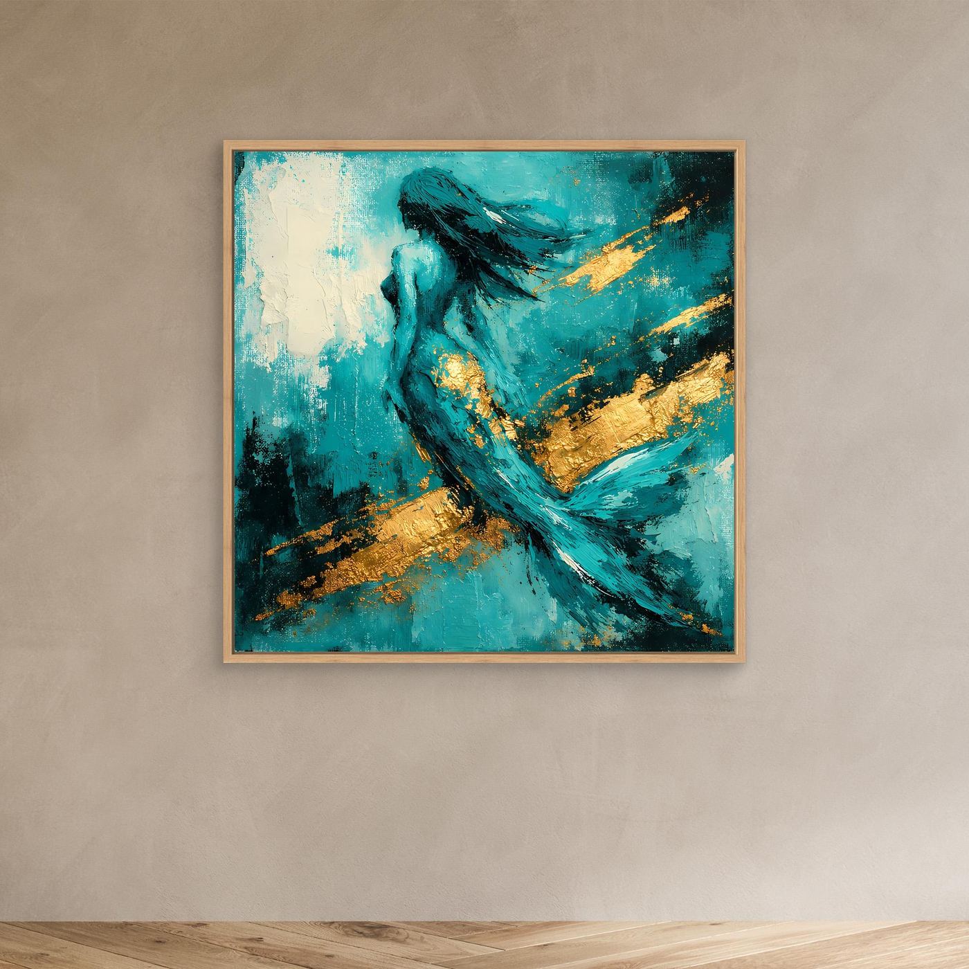 Leinwand Elegante Meerjungfrau in Türkis | Abstraktes Nixen Wandbild Gold Blau