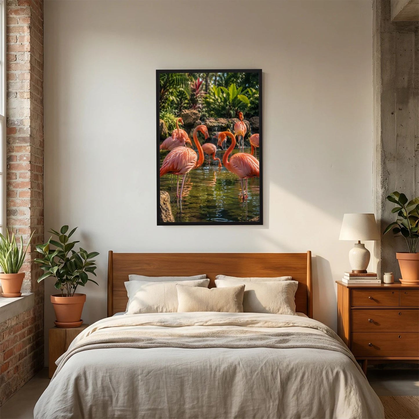 Poster mit rosa Flamingos im Teich, schwarzer Rahmen