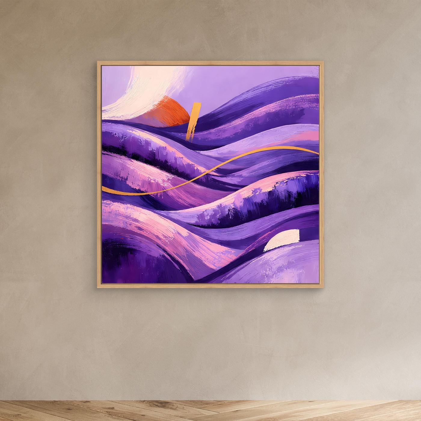 Leinwandbild Wellental in Violett mit Goldlinie und orangefarbener Akzentspur, Eichenrahmen