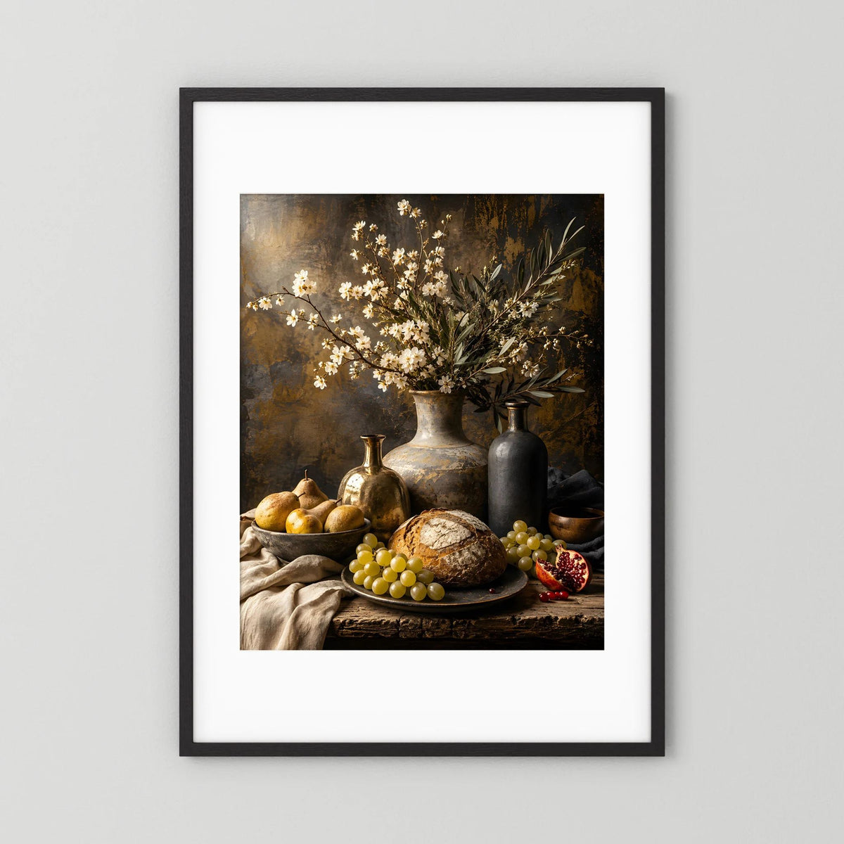 Kunstposter mit schwarzem Rahmen und weißem Passepartout: Blumen, Früchte, Brot