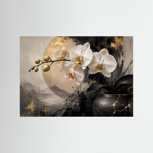 Wandbild mit weißen Orchideen, goldener Zierzweig und abstrakter schwarzer Vase