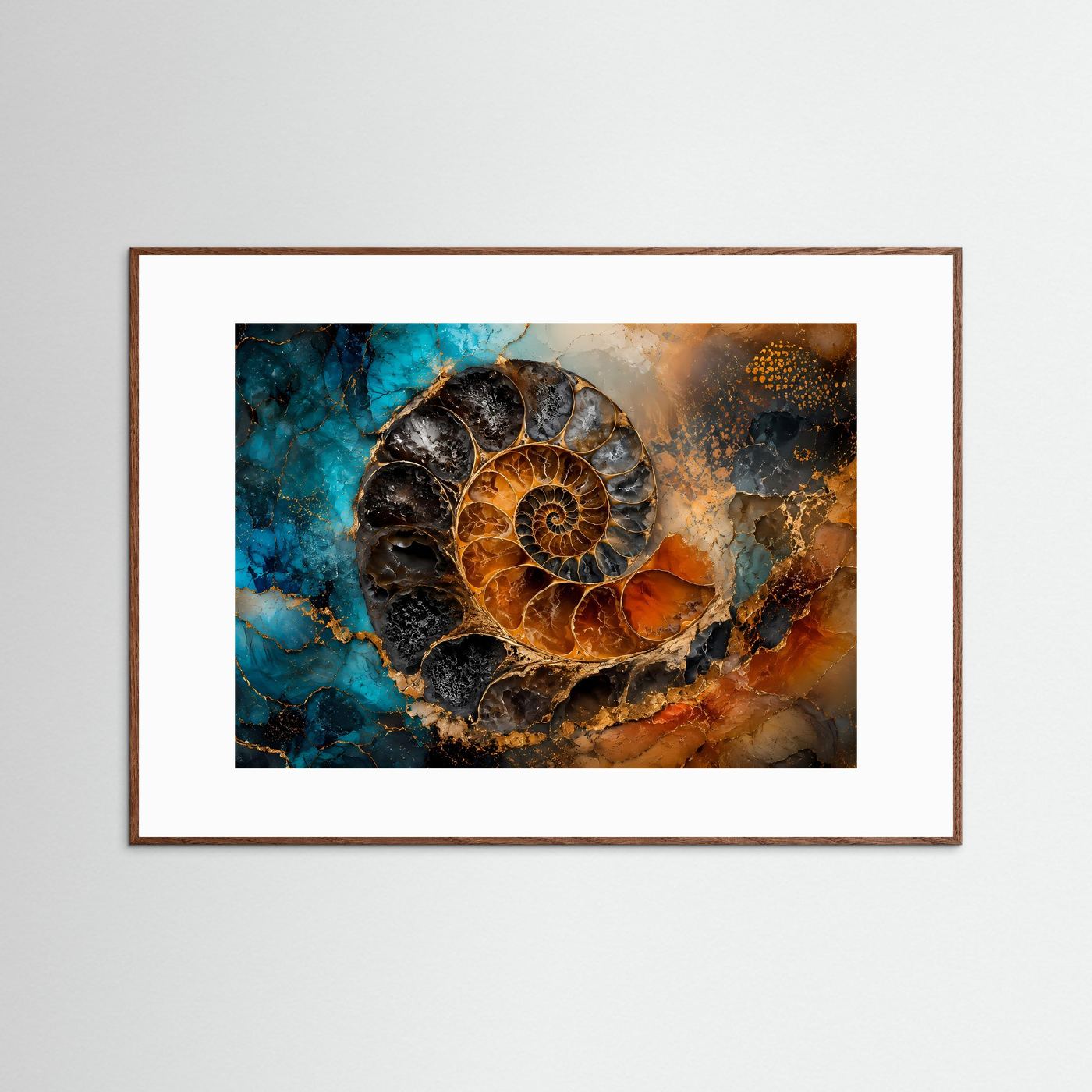 Geometrie der Zeit | Abstraktes Ammonit Fossil Poster mit Gold- und Ozean-Akzenten