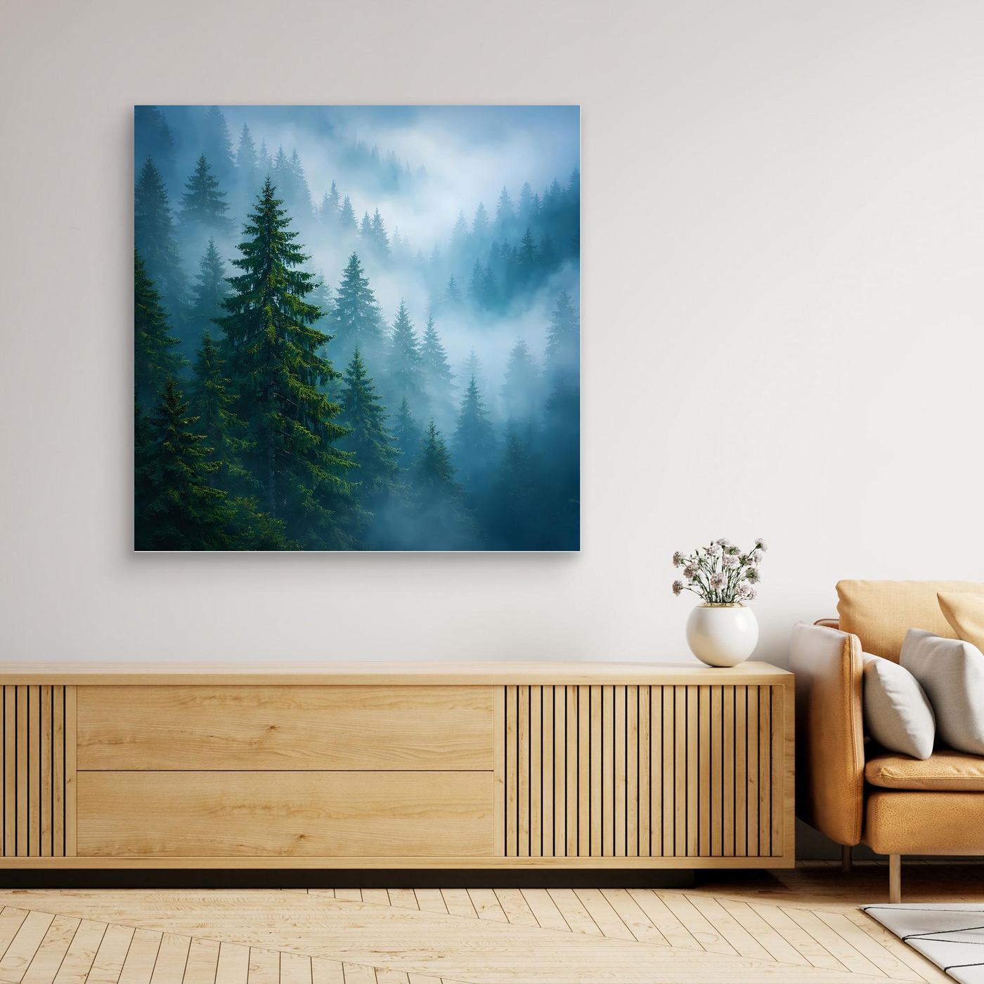 Leinwandbild mit Tannenwald-Motiv und Nebel, rechteckig, dunkler Rahmen