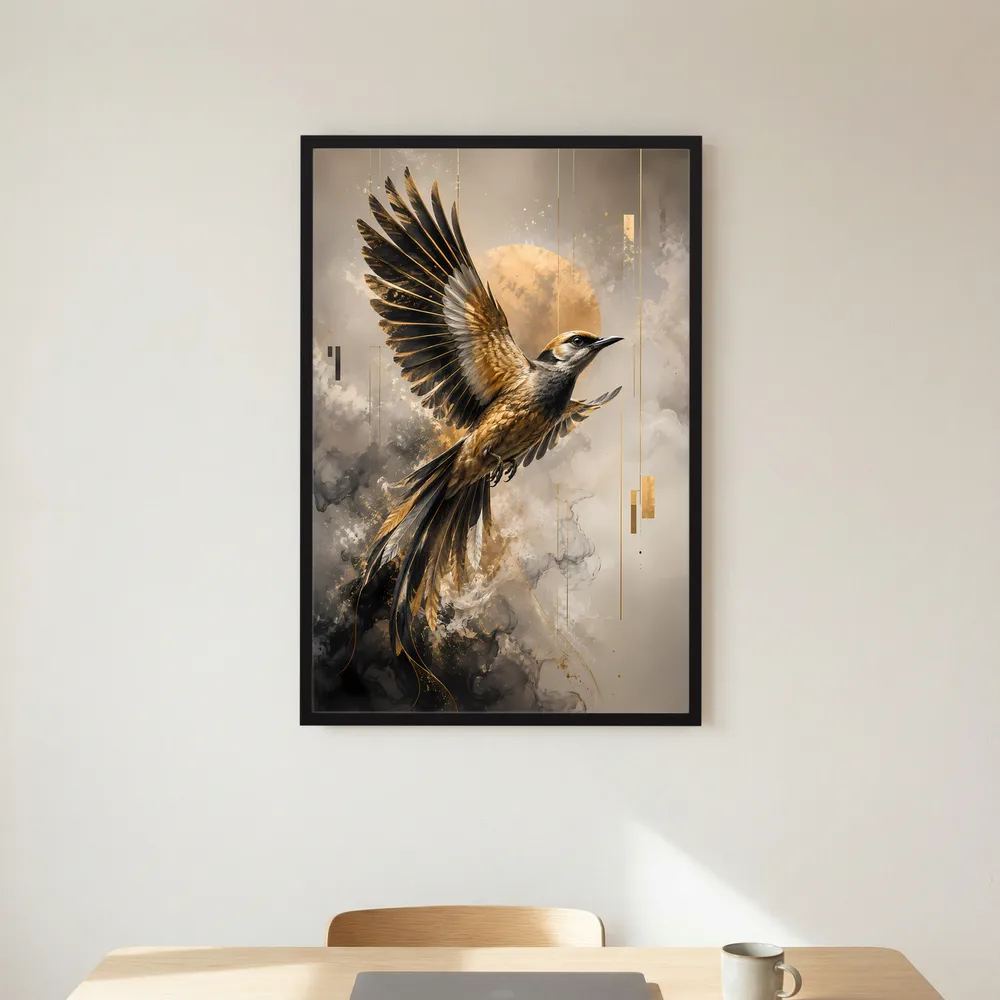 Hochformat-Kunstposter: Paradiesvogel mit ausgebreiteten Flügeln, Schwarz-Gold, schwarze Einrahmung