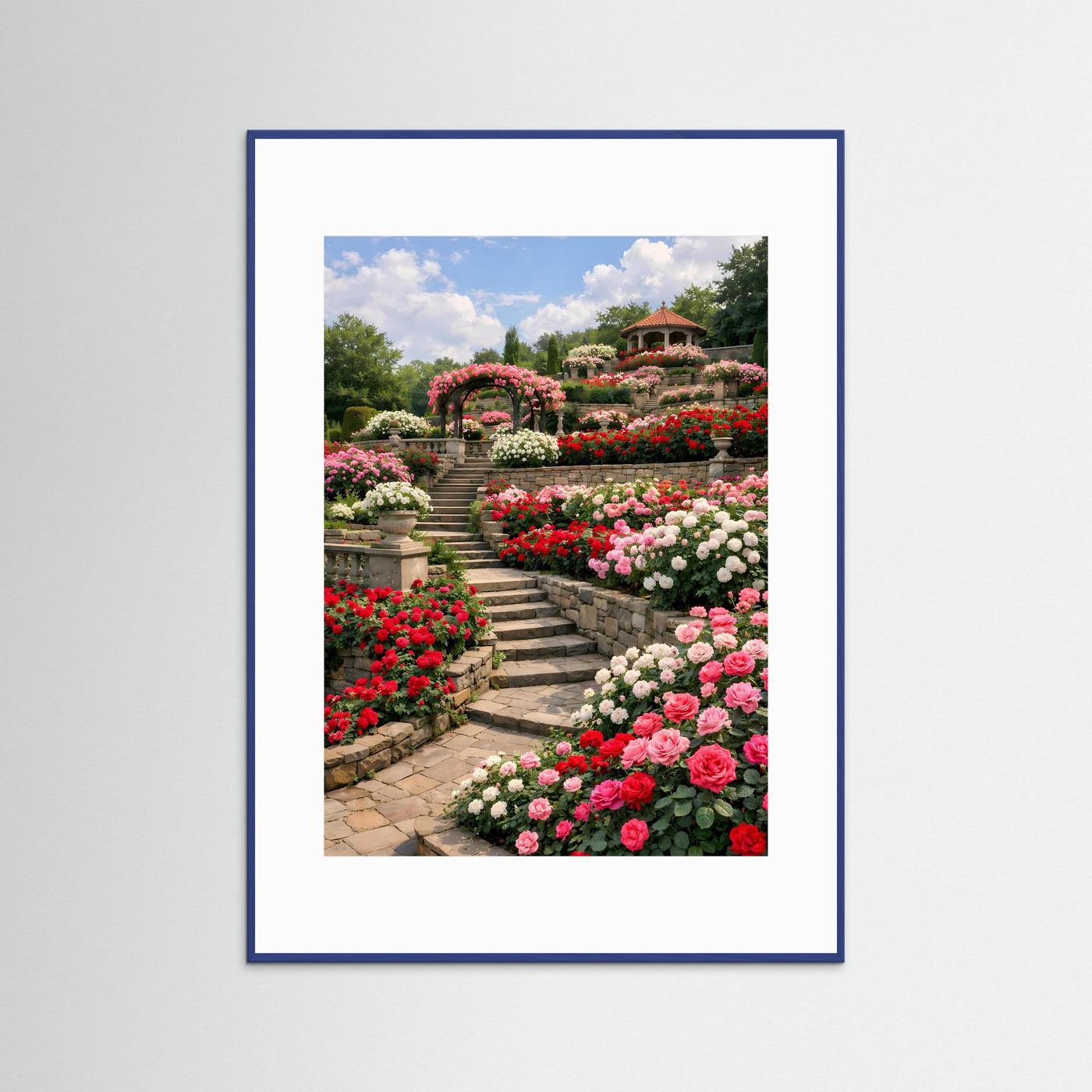 Blumenposter im blauen Rahmen mit Rosenbeeten und Steintreppe