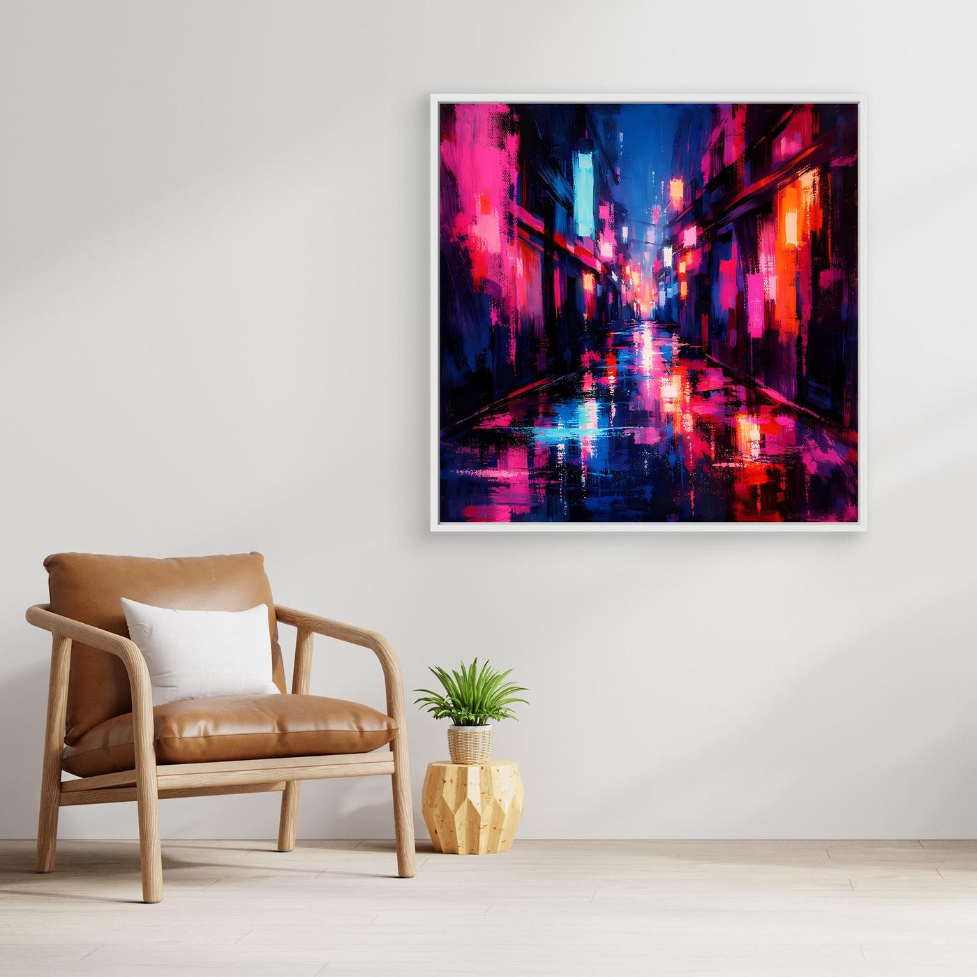 Leinwand Cyberpunk Nachtgasse im Regen | Modernes Neon Wandbild