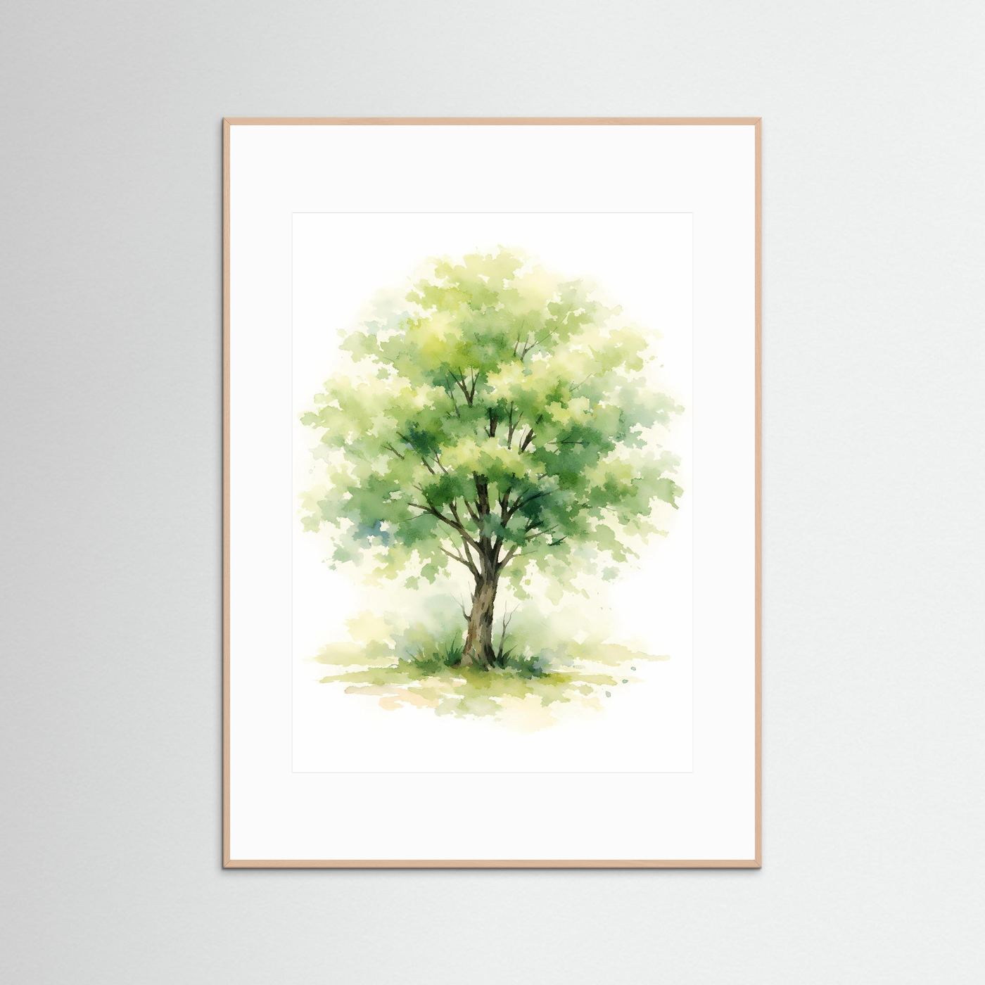 Aquarell-Poster mit Lebensbaum, grüner Baum in Wasserfarben, weißer Rahmen