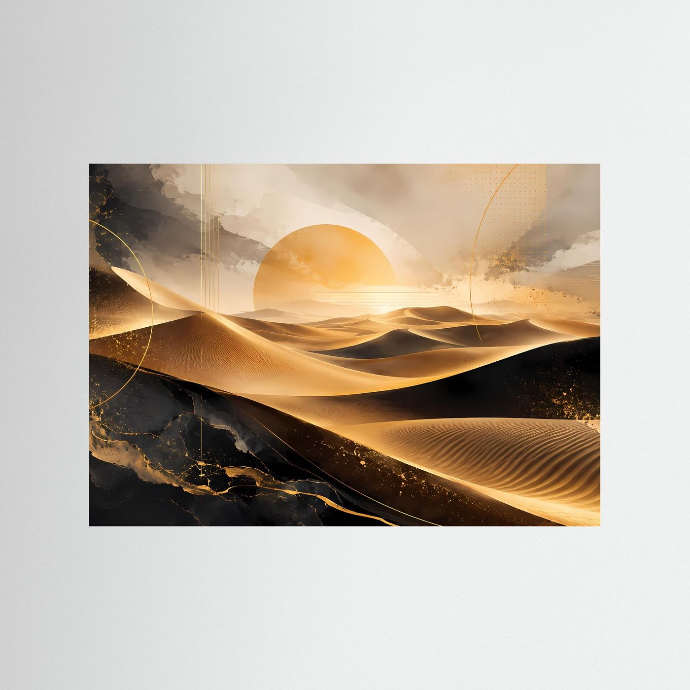 Abstraktes Wüstenlandschafts-Poster mit Dünen, Sonne und Goldtönen.