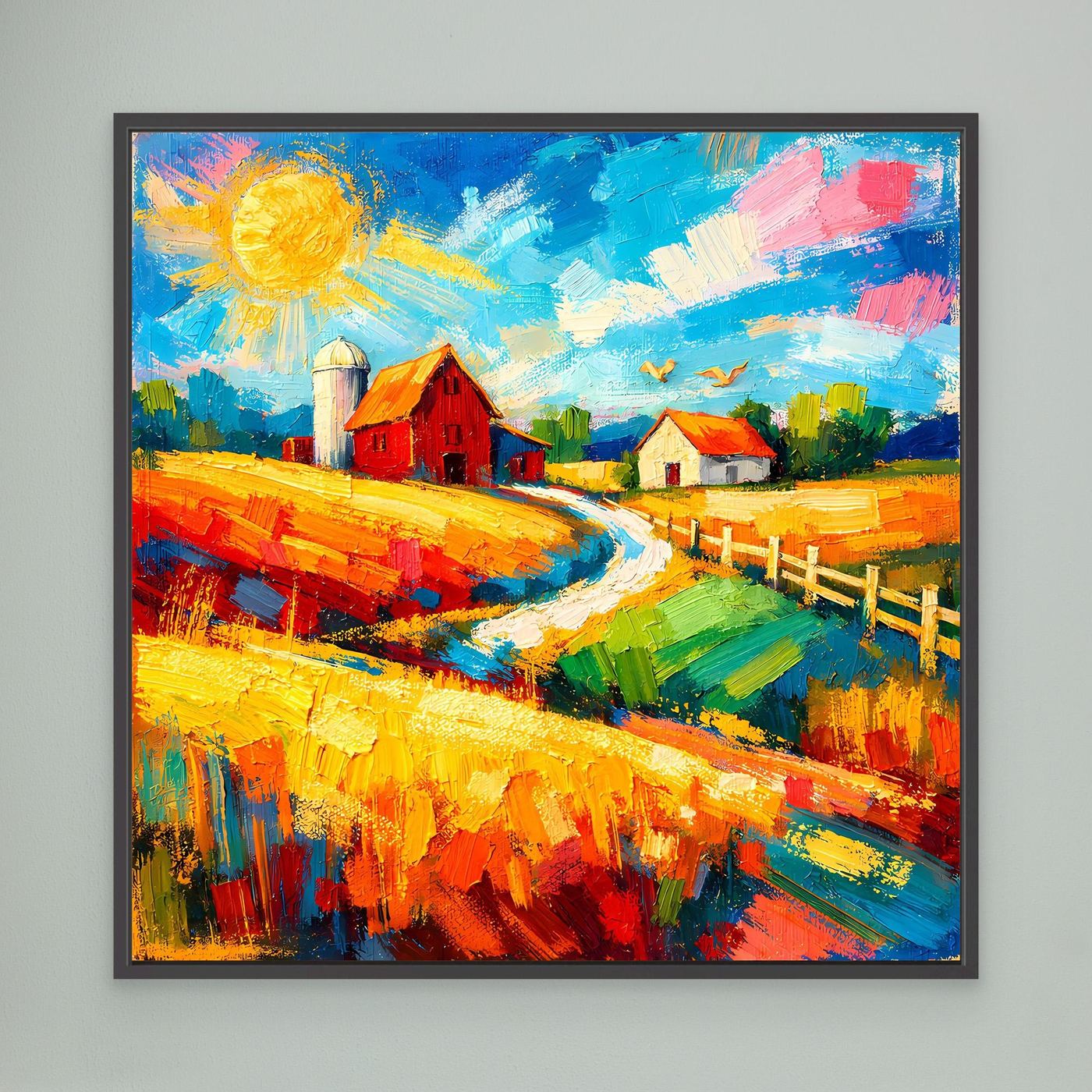 Leinwandbild mit roter Scheune, Feldweg und gelber Sonne, bunt gemalt, schwarz gerahmt