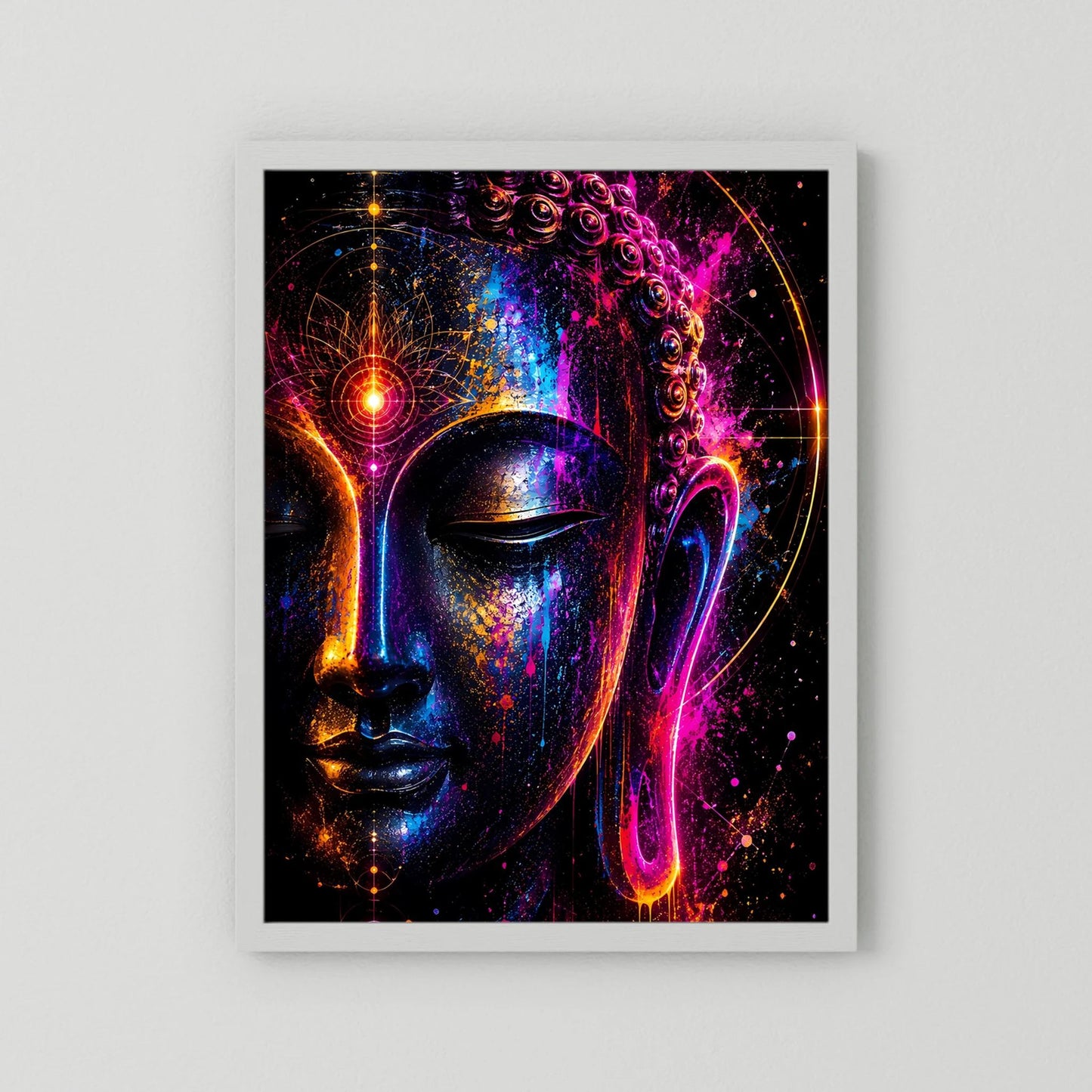 Hochformatiges Poster mit abstraktem Buddha-Gesicht in Neonfarben, weißes Passepartout