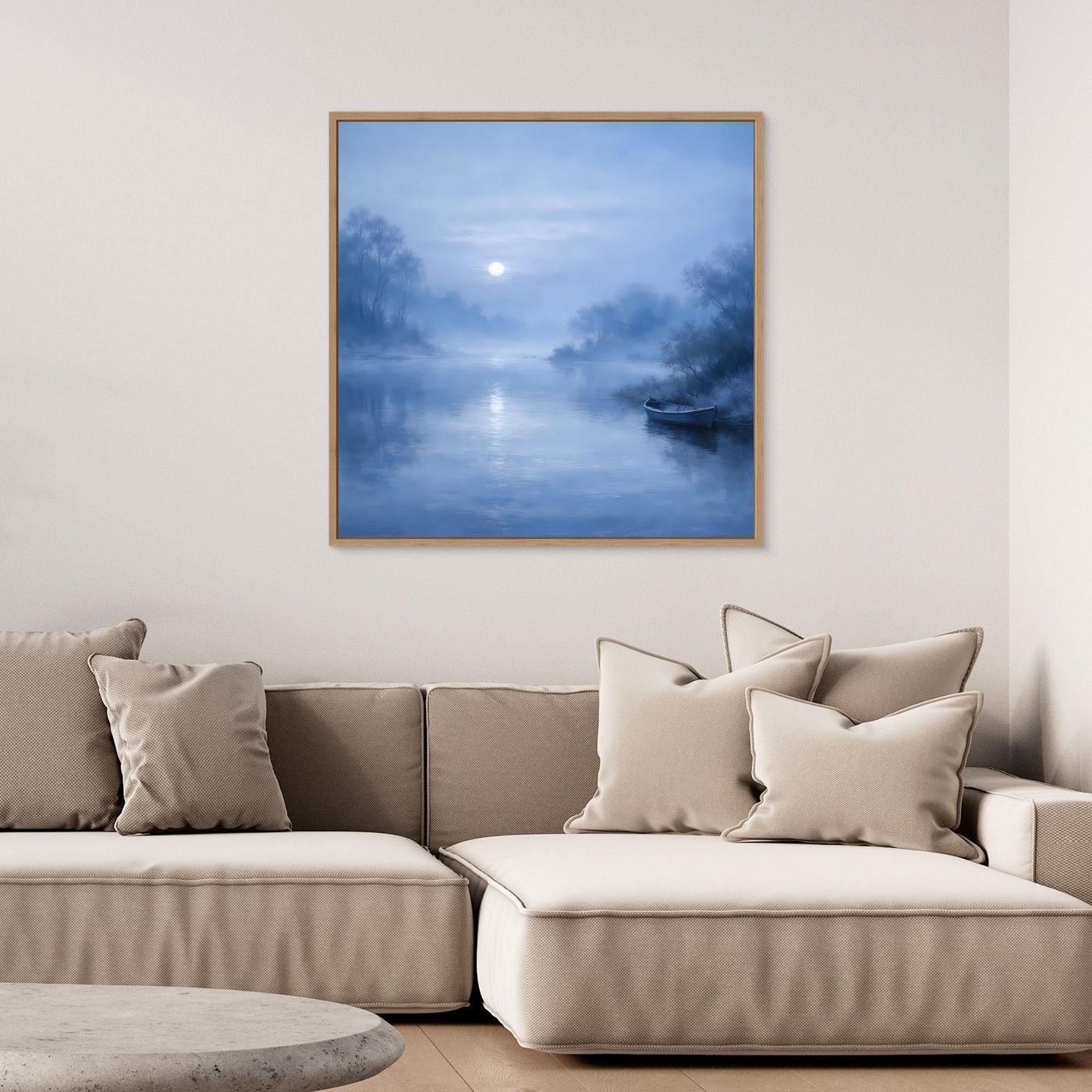 Quadratisches Leinwandbild mit Holzrahmen: blauer Fluss im Mondlicht, Nebel, Boot