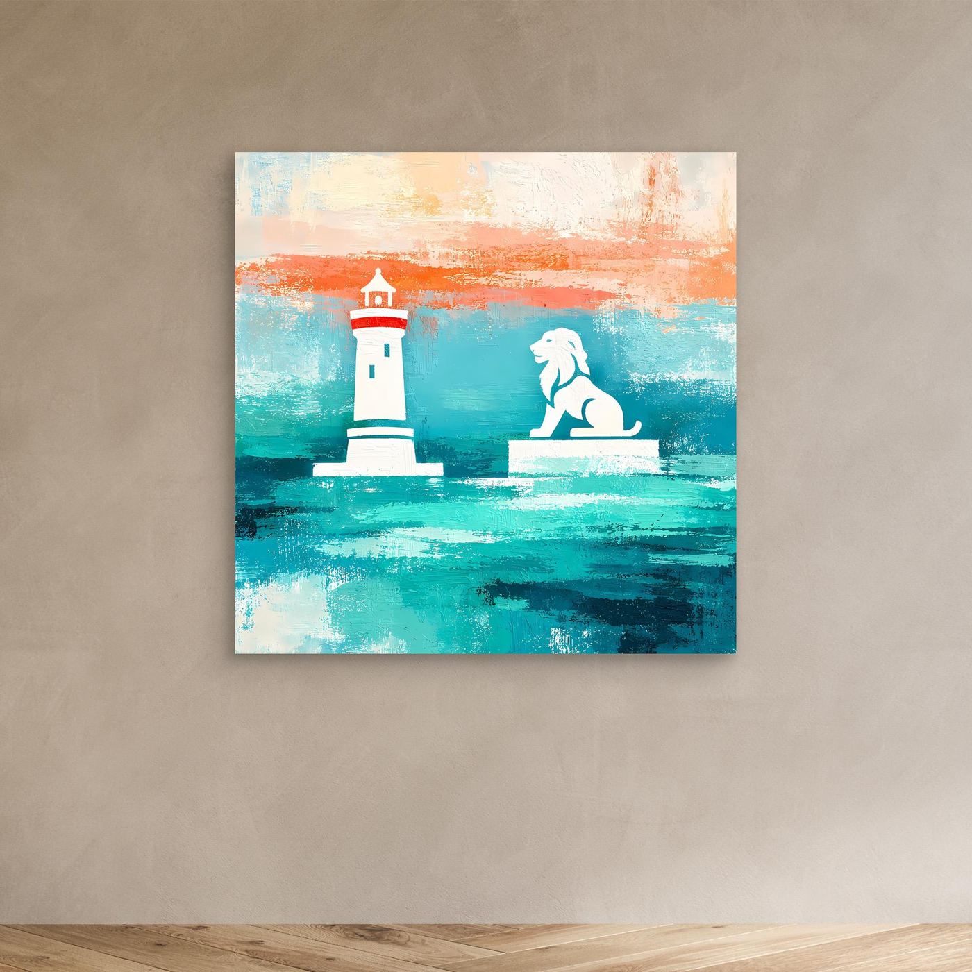 Leinwand Maritimer Leuchtturm und Löwe | Abstraktes Küsten Wandbild Lindau