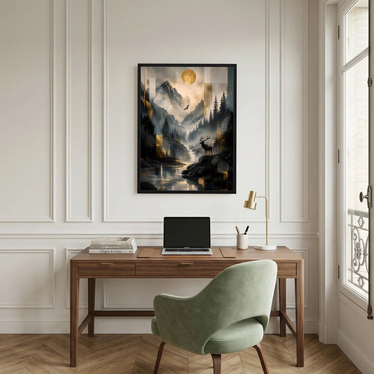 Poster im schwarzen Rahmen mit Bergnacht, Hirschmotiv und goldener Sonne