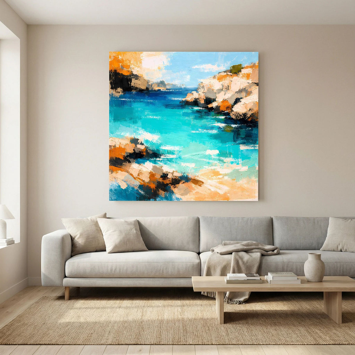 Leinwandbild mit türkisblauem Wasser und felsiger Küste, orange-weiße Reflexe und dynamische Pinselstriche.