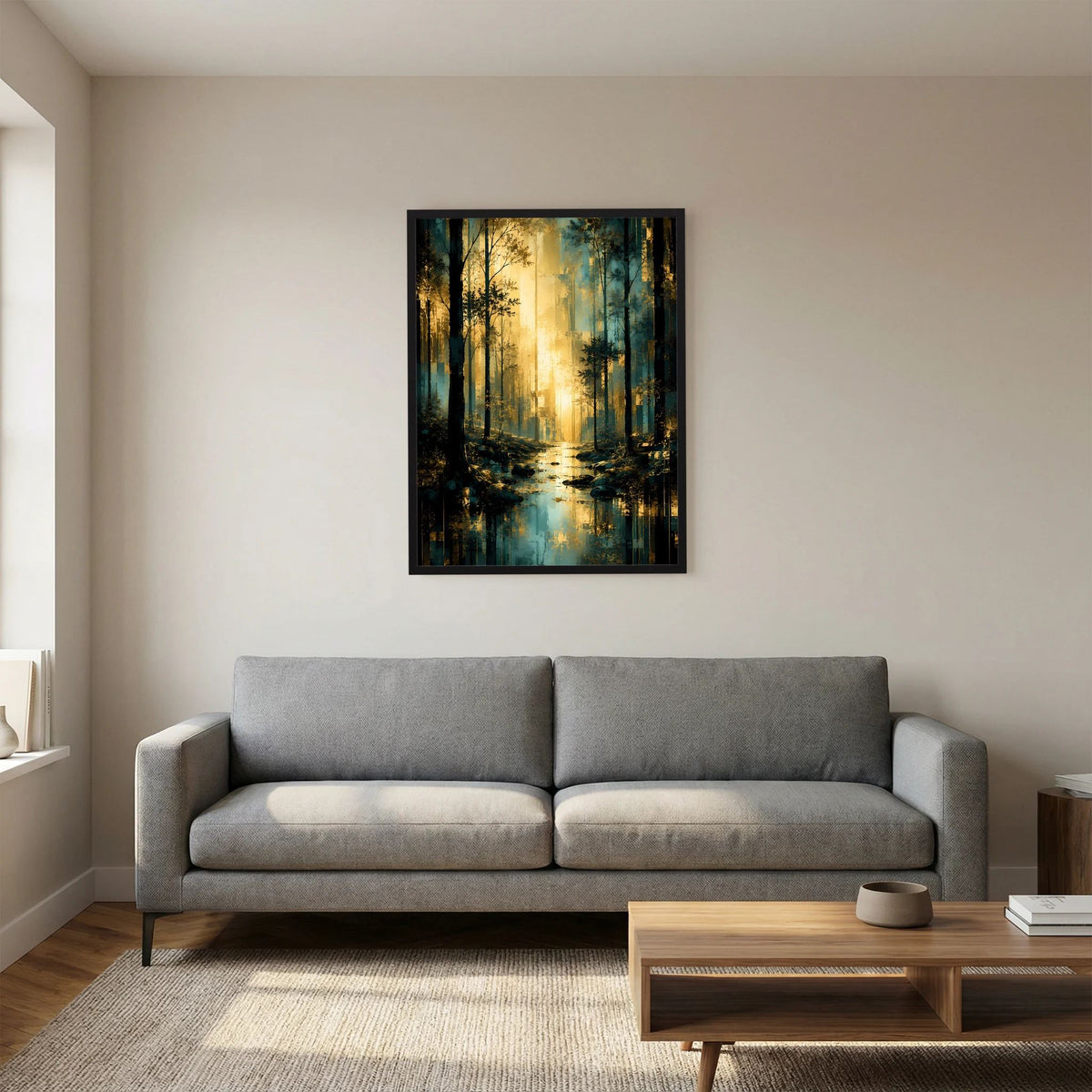 Hochformat-Poster mit leuchtendem Waldpfad in Türkis und Gold, schwarzer Rahmen