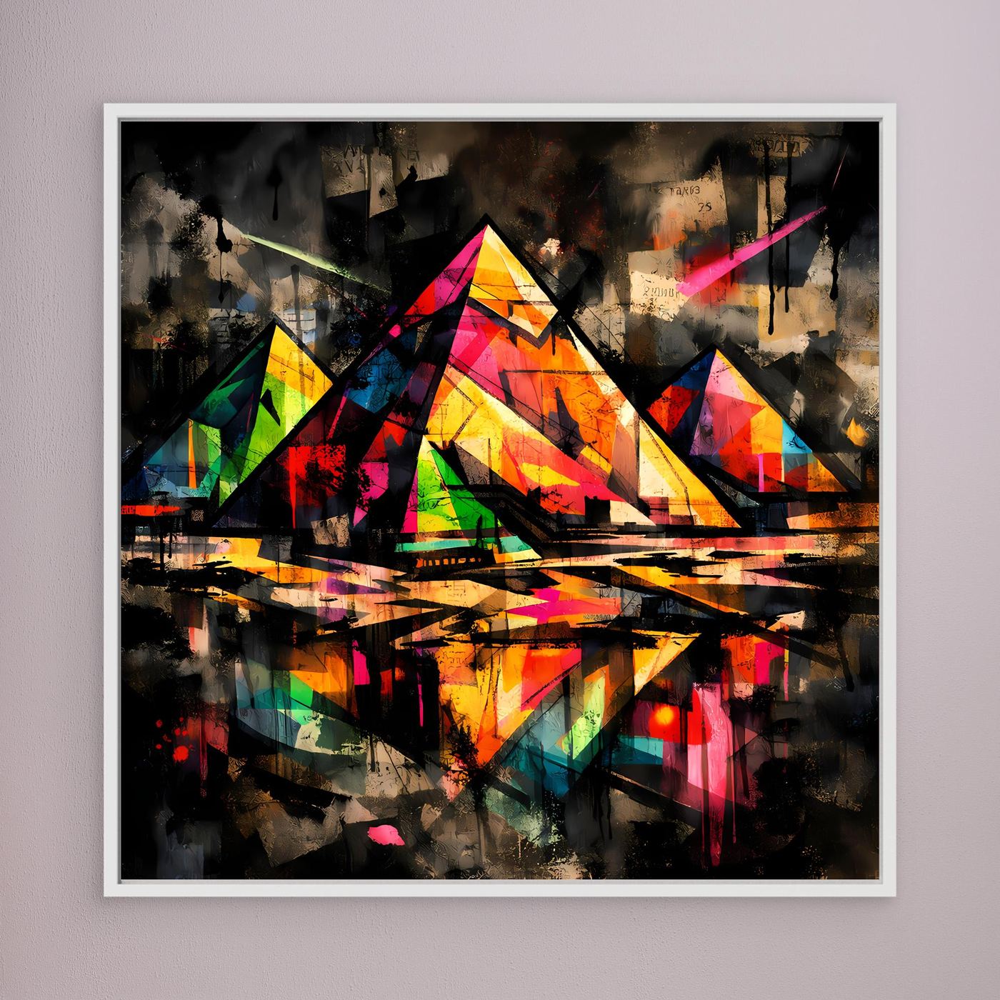 Leinwandbild mit farbigen Graffiti-Pyramiden im Street-Art-Stil, weißer Rahmen