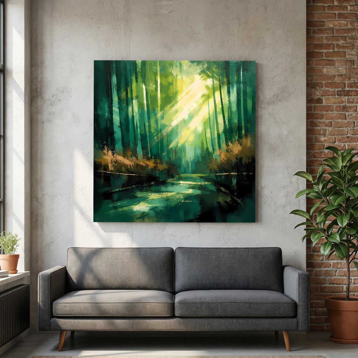 Abstraktes Leinwand-Wandbild mit Wald und Licht: grüne Stämme, gelb-grüner Glanz, dunkler Strom