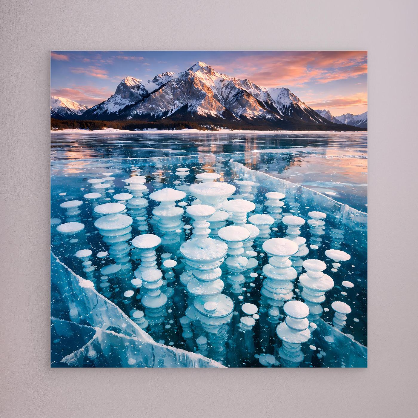 Leinwandbild mit heller Umrandung: gefrorene Blasen im See, schneebedeckte Berge und Spiegelung