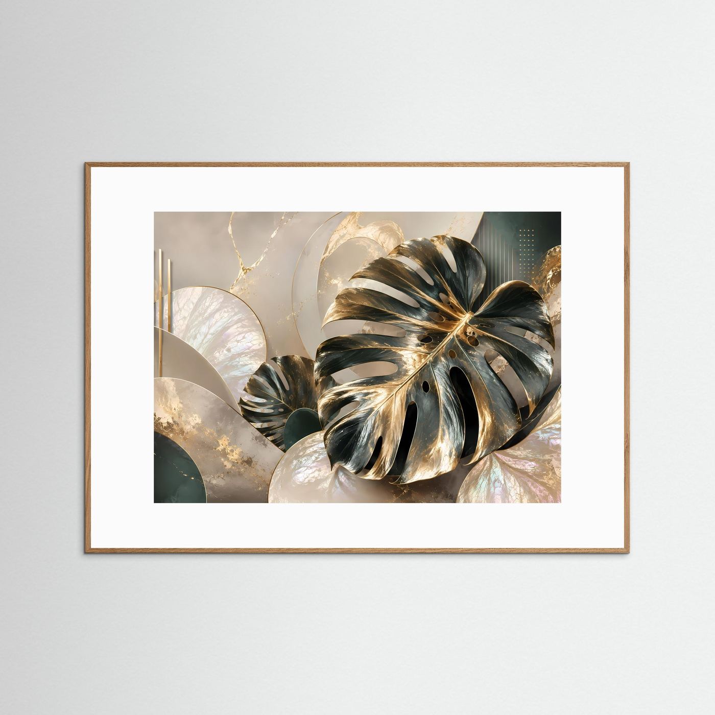 Poster mit goldenen Monstera-Blättern auf cremefarbenem Hintergrund, brauner Rahmen, Querformat