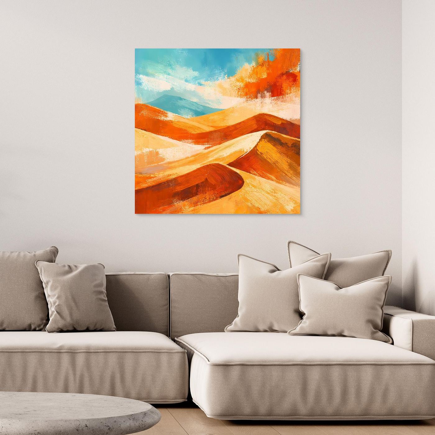 Abstract desert landscape canvas wall art with orange and gold dunes, teal sky tones