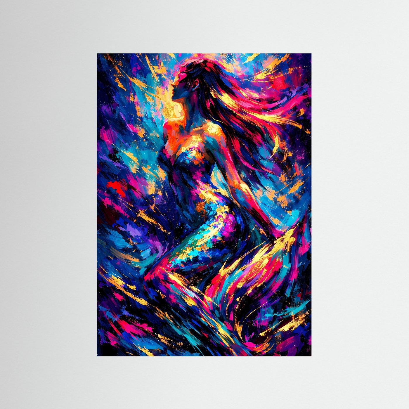 Hochformatiges Kunstposter mit Silhouette einer Frau, leuchtende Neonfarben und goldgelbe Akzente