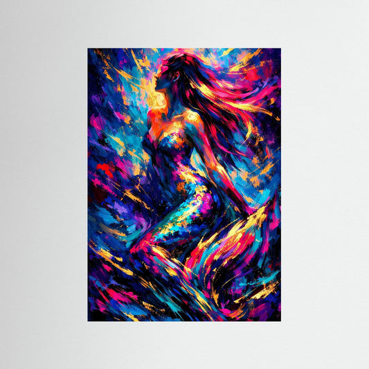Hochformatiges Kunstposter mit Silhouette einer Frau, leuchtende Neonfarben und goldgelbe Akzente