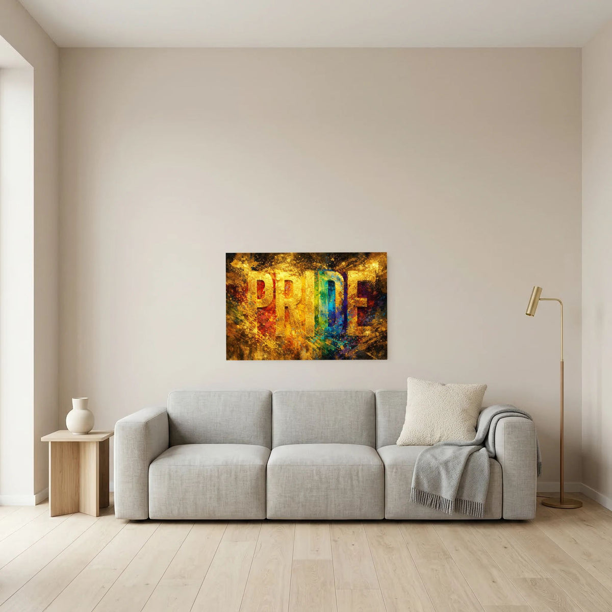 Wandbild im Querformat mit goldfarbenem PRIDE-Motiv und blau-grünem Farbverlauf