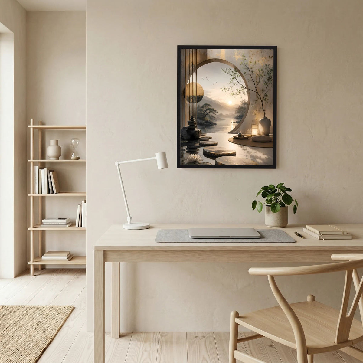 Hochformat-Poster im schwarzen Rahmen mit asiatischer Zen-Landschaft, rundem Mond und Licht auf Wasser