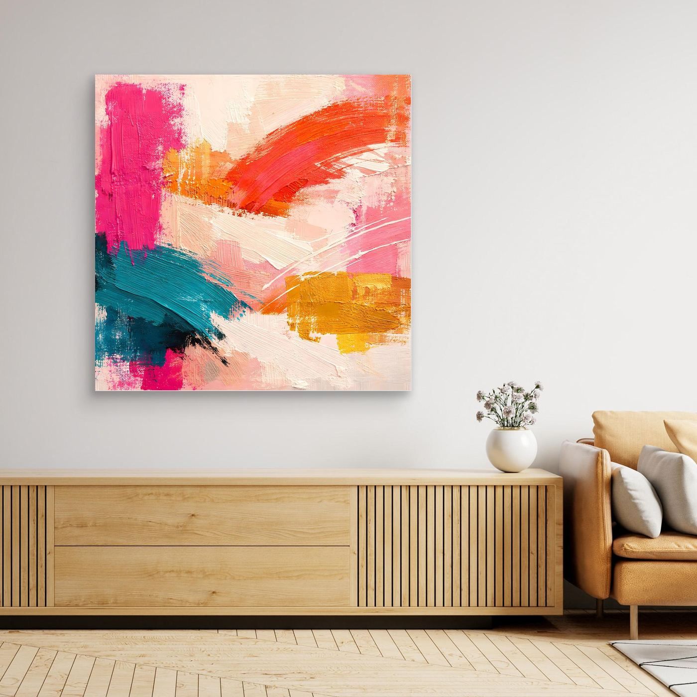 Abstraktes Leinwand-Wandbild mit pastellfarbenen Farbstrichen in Pink, Orange und Teal