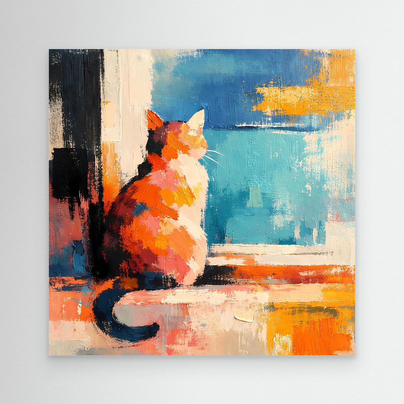Unframed canvas wall art of a colorful orange cat by a window