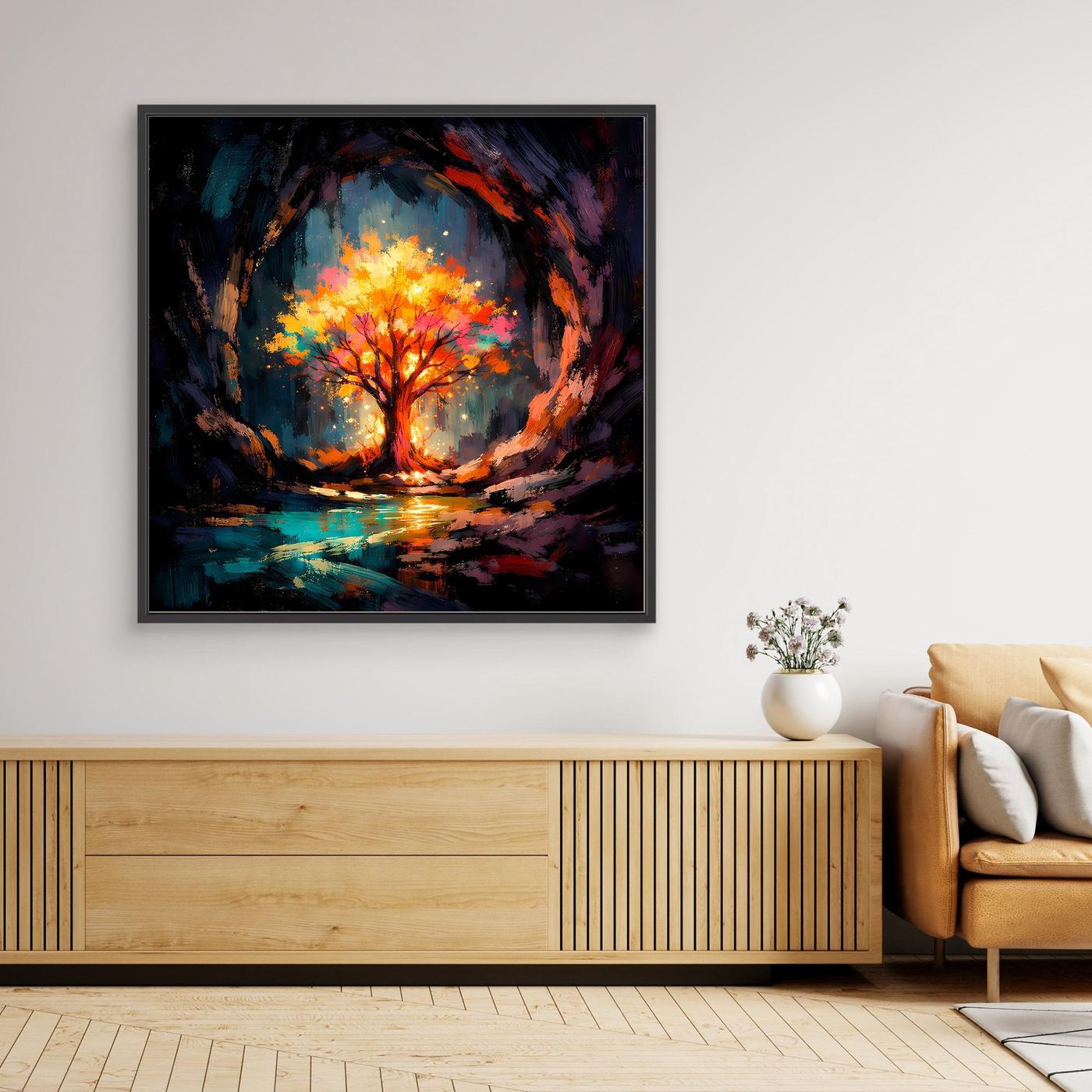 Abstract canvas wall art with glowing tree ring, dark blue and orange-red; black frame