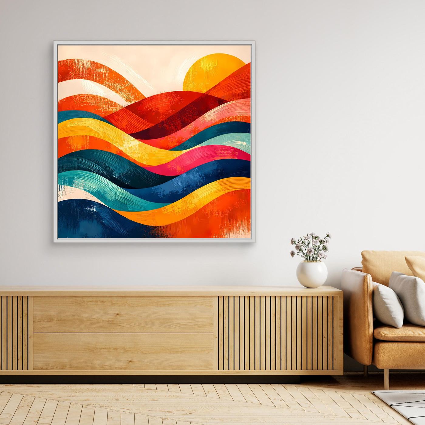 Gerahmtes Leinwandbild mit bunten Wellen in Orange, Rot, Gelb, Türkis und Blau