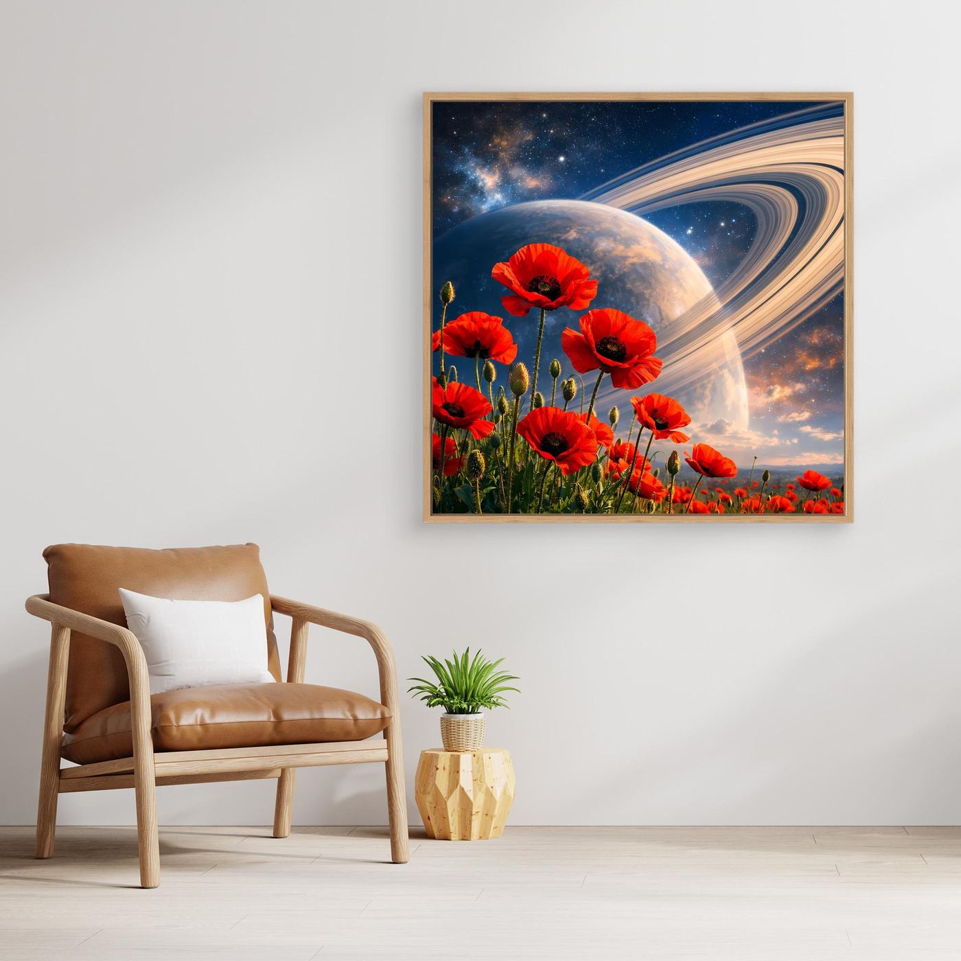 Leinwandbild mit roten Mohnblumen vor Planet und Spiralnebeln, kosmisches Motiv