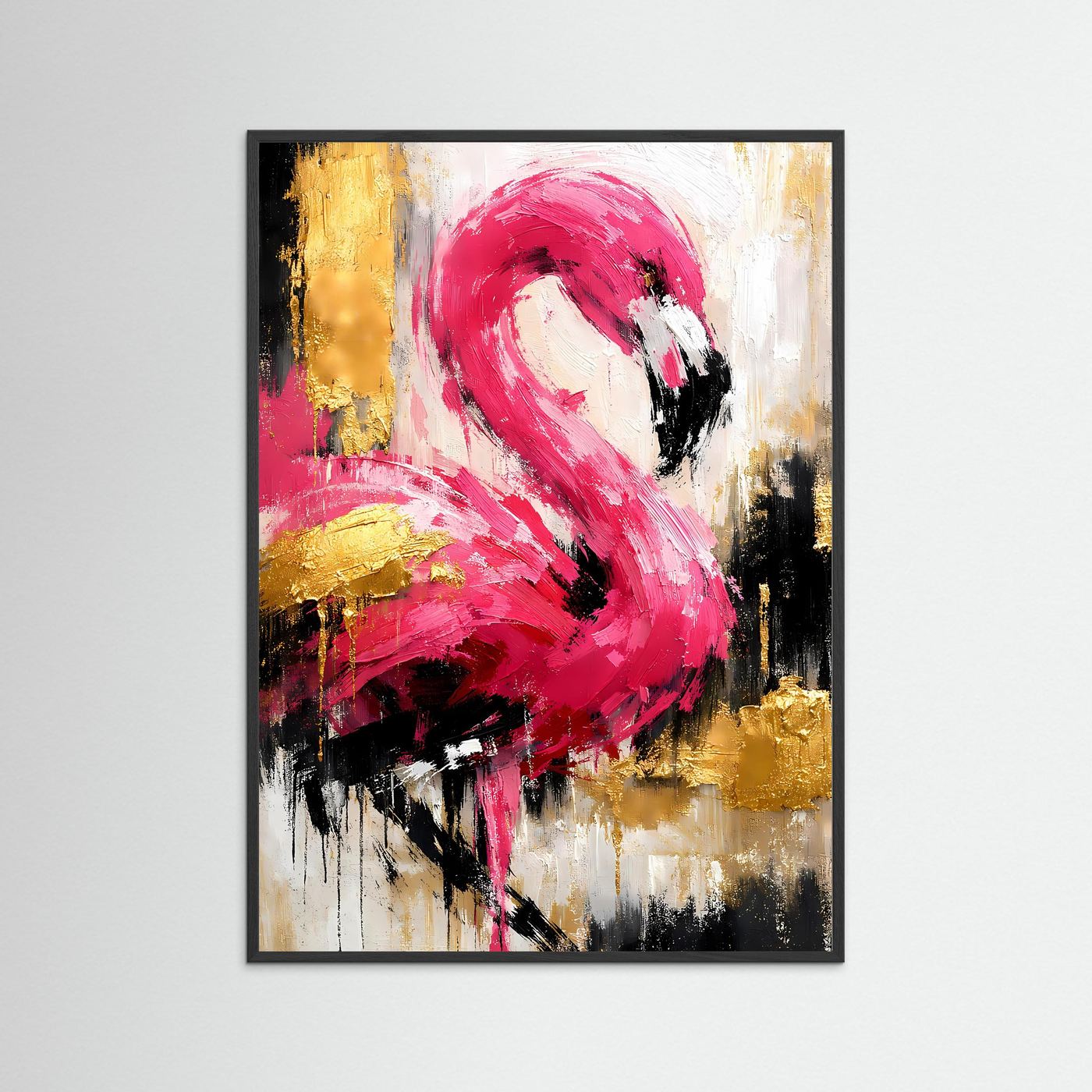 Abstraktes Flamingo-Poster im schwarzen Rahmen, magenta pink, goldene und cremefarbene Akzente.