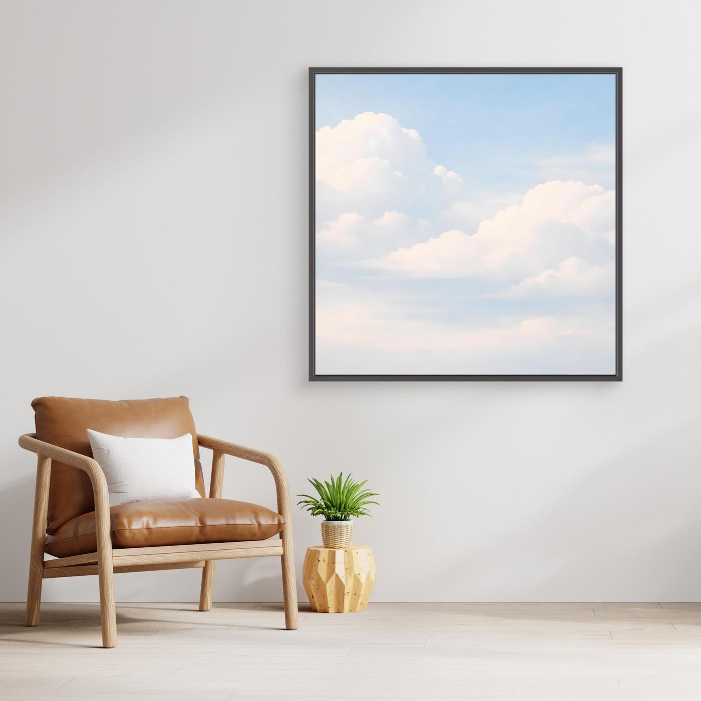 Leinwandbild mit pastellfarbenem Himmel und sanften Wolken, schwarzer Rahmen