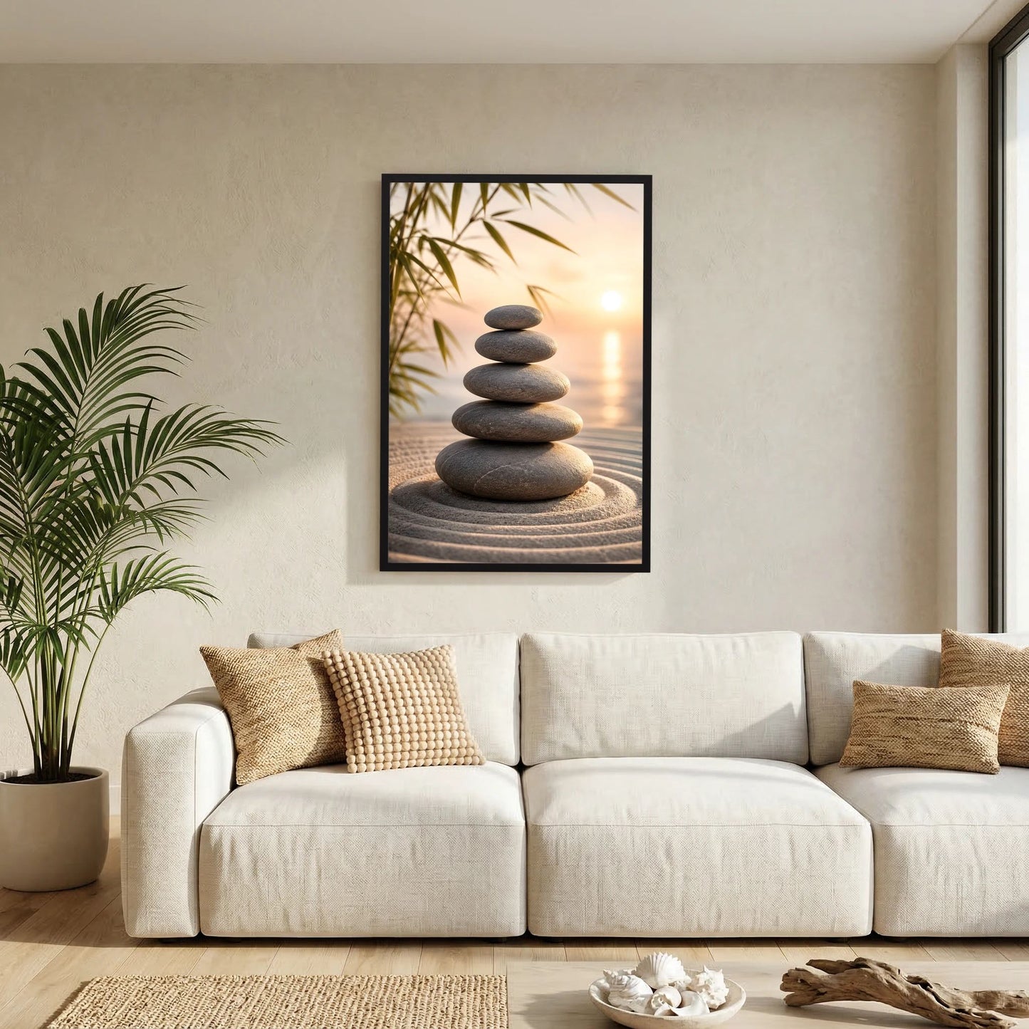 Kunstposter Hochformat an der Wand: dunkler Stein-Stapel mit Bambus und Sonnenaufgang, schwarz