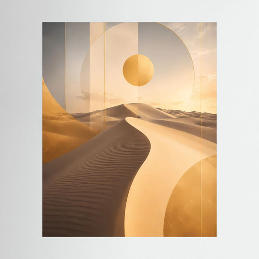 Hochformat-Poster mit abstrakter Dünenlandschaft und Sonne, goldenen Farbtönen