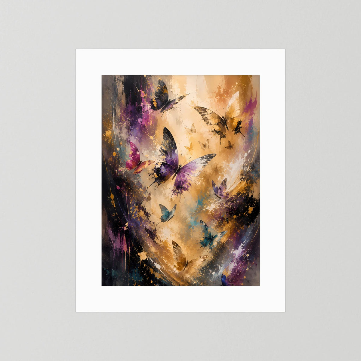 Schmetterlingsposter Hochformat im weißen Rahmen, abstrakte Schmetterlinge in Gold- und Violetttönen