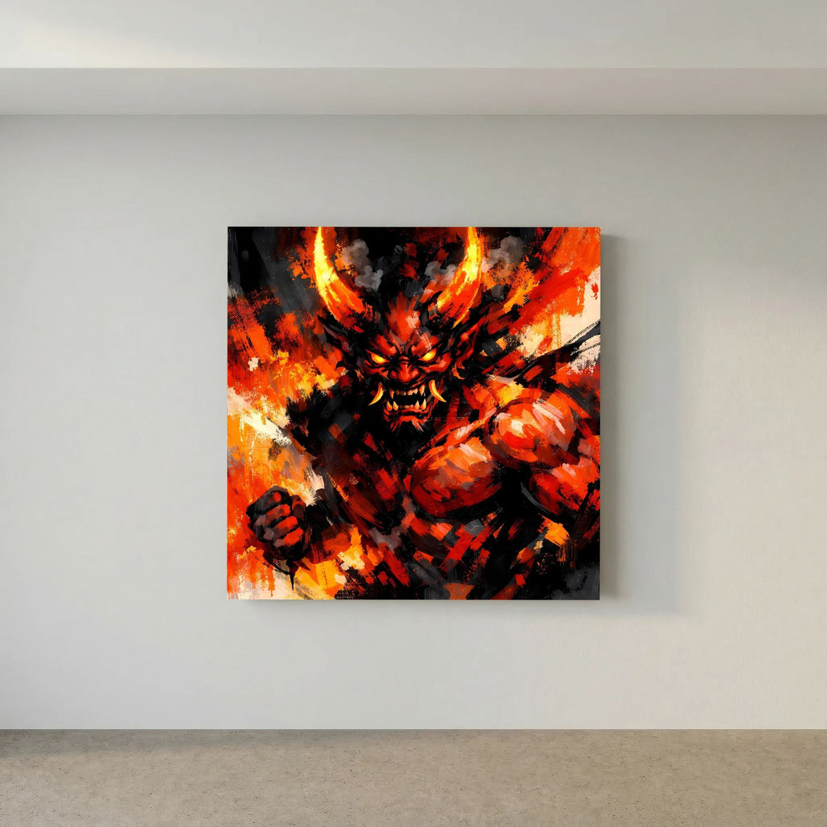 Leinwand-Wandbild mit Oni-Dämon, orange Flammen und schwarze Schatten, frontal