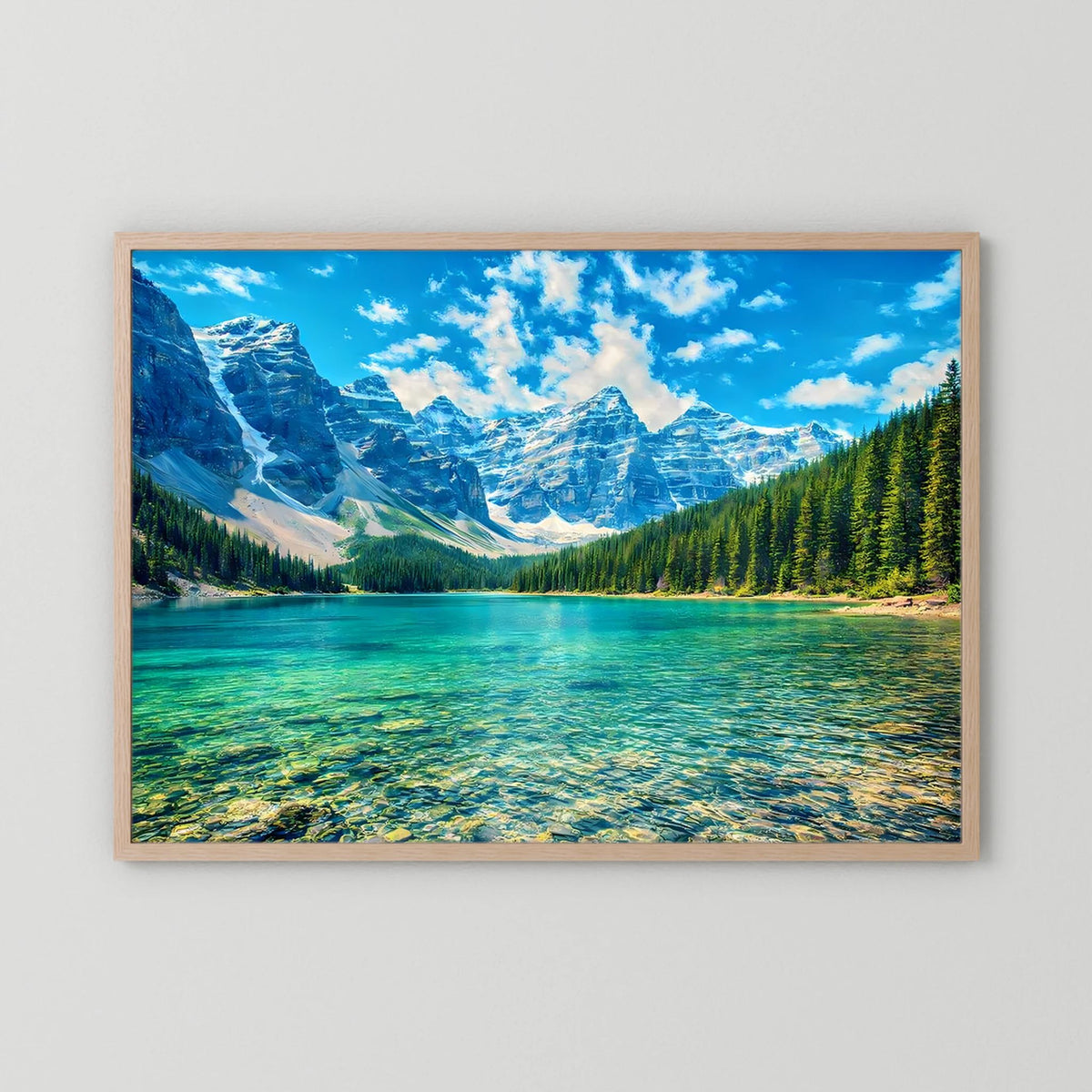 Wandbild im Querformat mit türkisgrünem See und Bergen, hellerer Rahmen