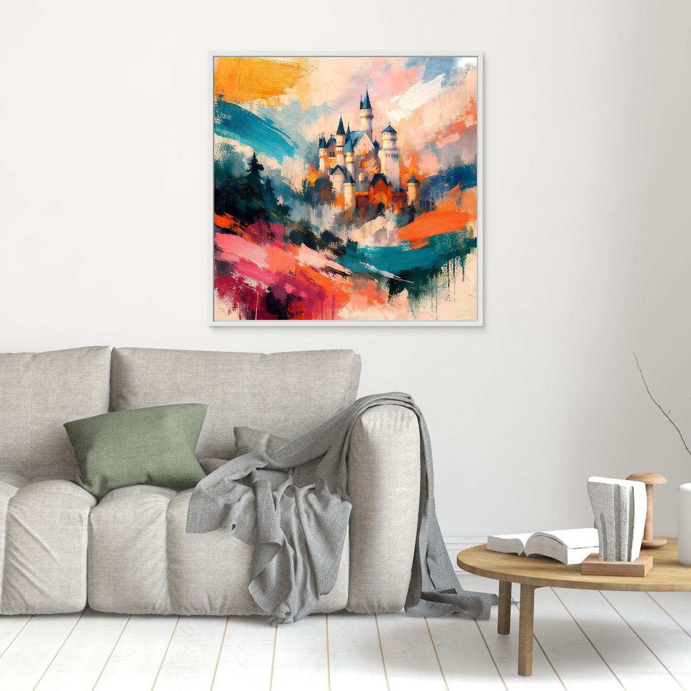 Premium Leinwand Märchenhaftes Schloss in abstrakten Farben | Modernes Castle Wandbild