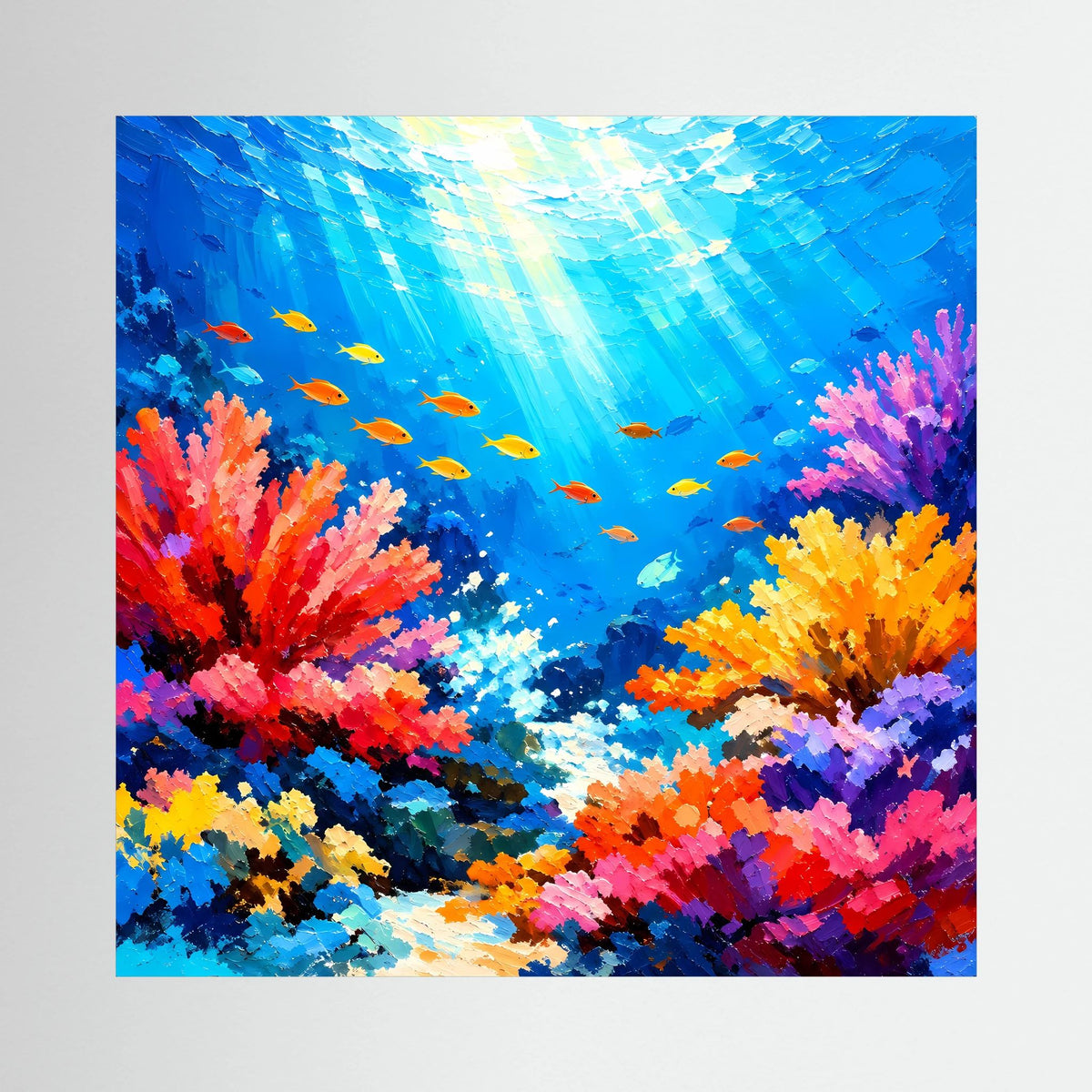 Quadratisches Leinwandbild mit abstraktem Unterwasser-Korallenriff, bunten Fischen und Korallen