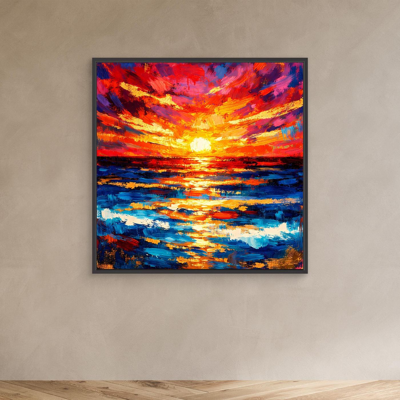 Abstraktes Leinwandbild Sonnenuntergang am Meer mit schwarzem Rahmen