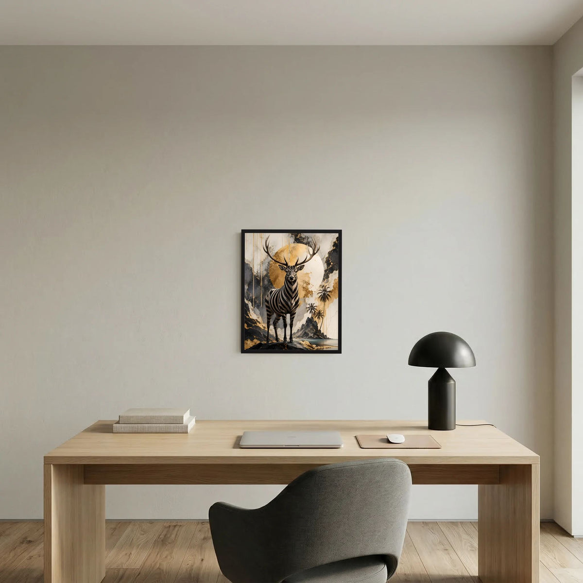 Hochformatiges Kunstposter mit Zebra-Hirsch im schwarzen Rahmen, goldene Mondscheibe und Antilopengeweih