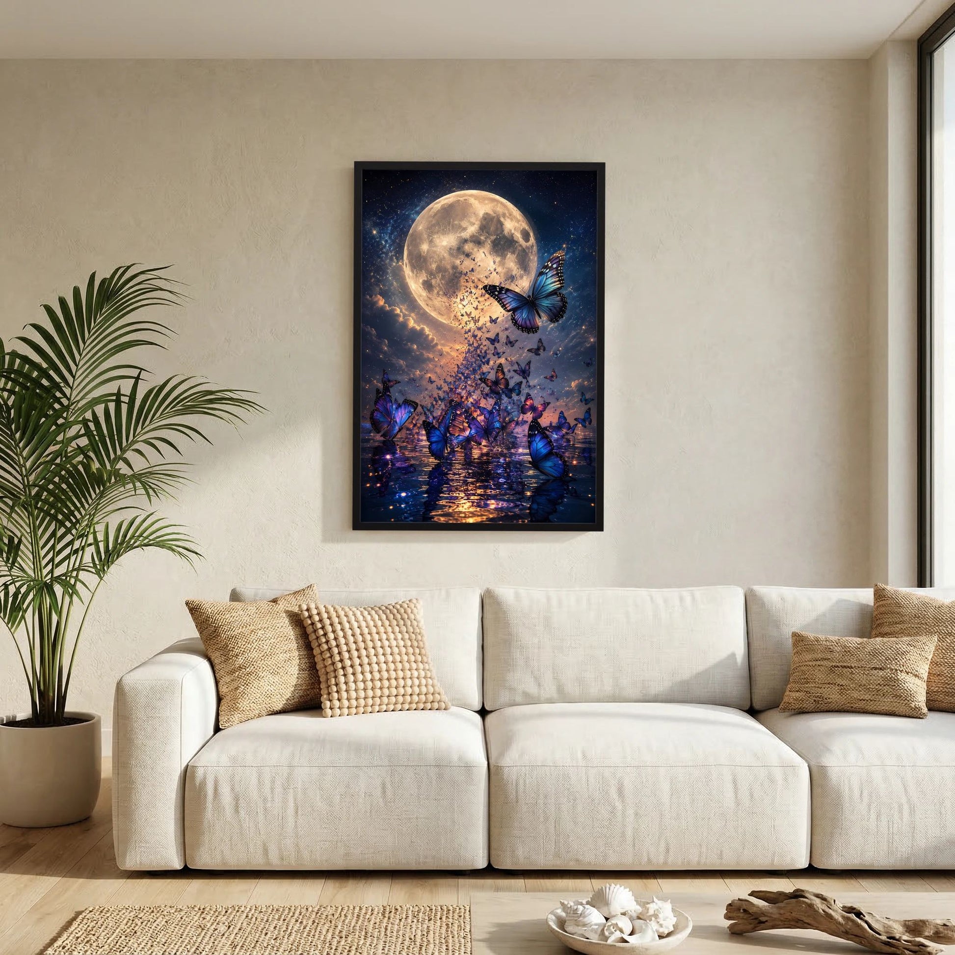 Poster im schwarzen Rahmen über Sofa: goldener Mond und blaue Schmetterlinge im Nachtmotiv
